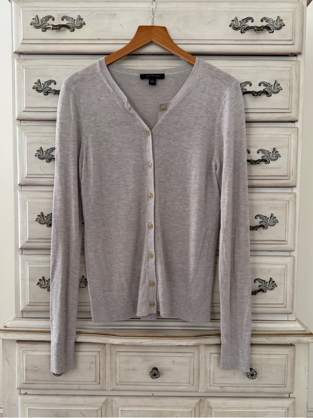 Ann Taylor Light Grey Linen Button Cardigan